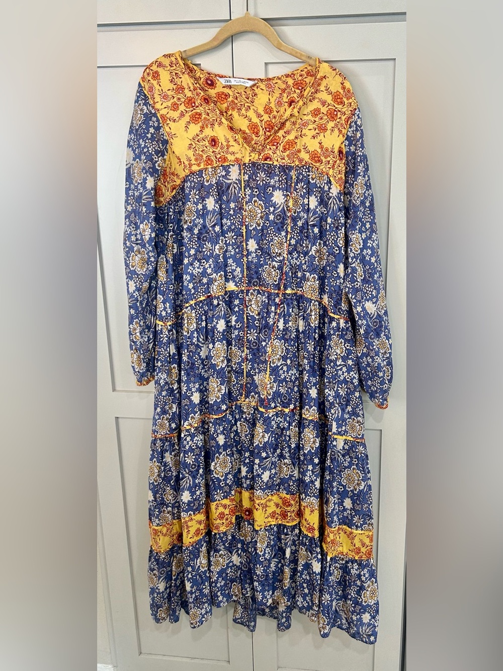 Zara Blue and Yellow Floral Tiered Maxi Dress